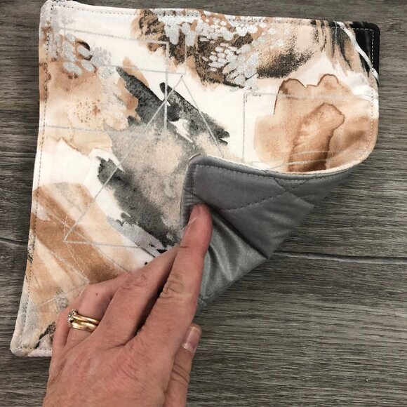 potholder gray tan silver geometrics quilted Pot holders handmade Abstract art - Picture 2 of 6